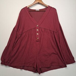 Pink Lily Women's XL Maroon Long Sleeve Romper Button Front V-Neck